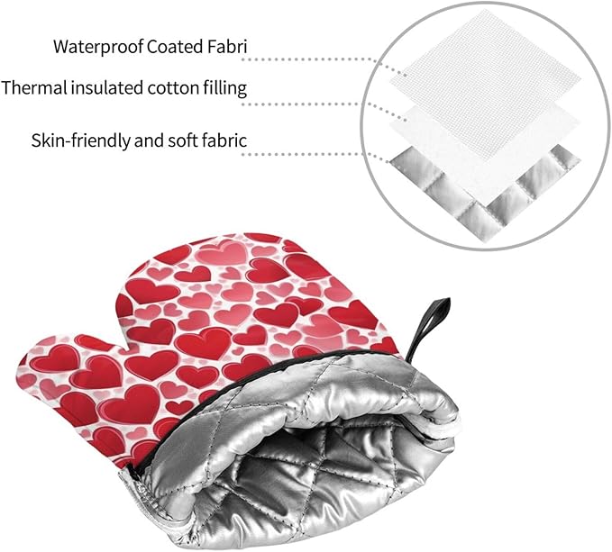 4 Pcs Red Heart Pattern Oven Mitts and Potholders,Kitchen Oven Glove with Pot Holders,Non-Slip Gloves High Heat Resistant 500 Degree for BBQ, Grill, Baking, Cooking, Oven, Microwave
