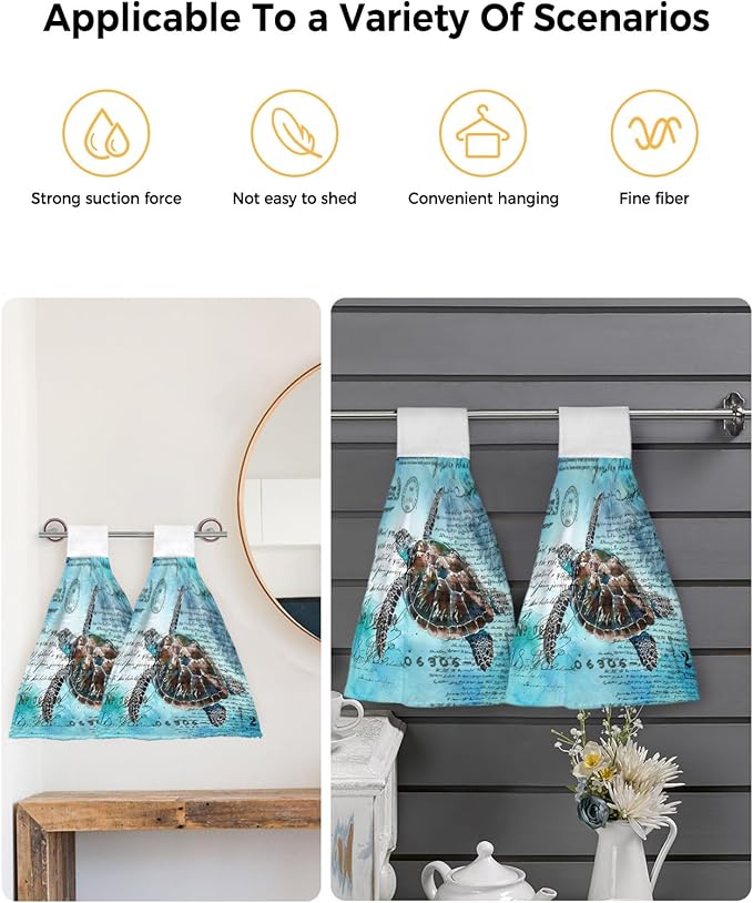 Alandar Home Kitchen Tie Towel Set of 2, Summer Watercolor Ocean Turtle Absorbent Soft Hand Towels for Bathroom Hanging Towels, Retro Stamp Letter Texture on Blue Fast Drying Cleaning Cloth with Loop