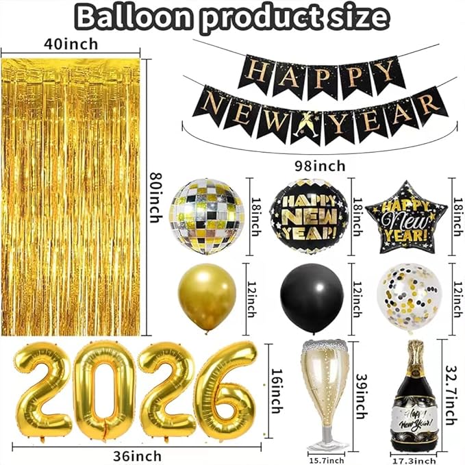 Happy New Year Party Decoration 2026 Foil Balloon Banner and Curtains Disco Balloons Champagne Balloon New Years Eve Black and Gold Party Supplies Decorations