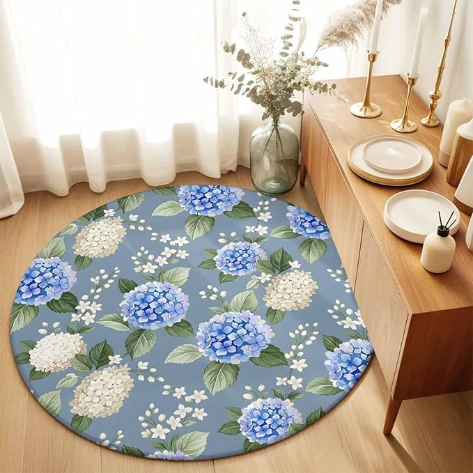 Washable Round Area Rug Watercolor Purple White Hydrangea Circle Rugs Floor Carpet for Living Room Bedroom, Spring Flower on Gray Blue Soft Non Slip Round Rug 5ft