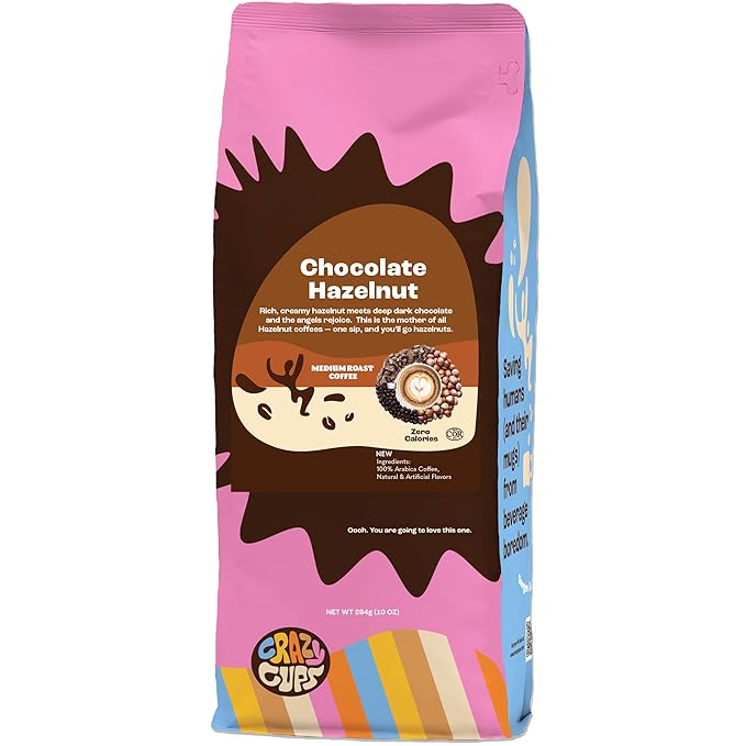 Crazy Cups Flavored Ground Coffee, Chocolate Hazelnut, Medium Roast, For Brewing Flavored Hot or Iced Coffee, 10 oz Bag