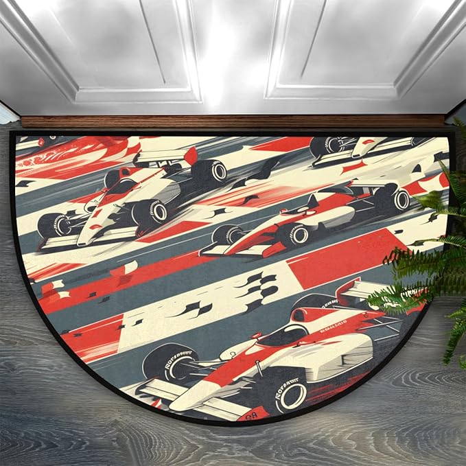 Race Cars Half-Round Door Mat | Indoor Entrance Half-Moon Rug | Low-Pile | Area Rug, Non-Slip, Absorbent Semi-Circle Welcome Mats for Kitchen, Patio, and Home Decor | 36x24 Inches
