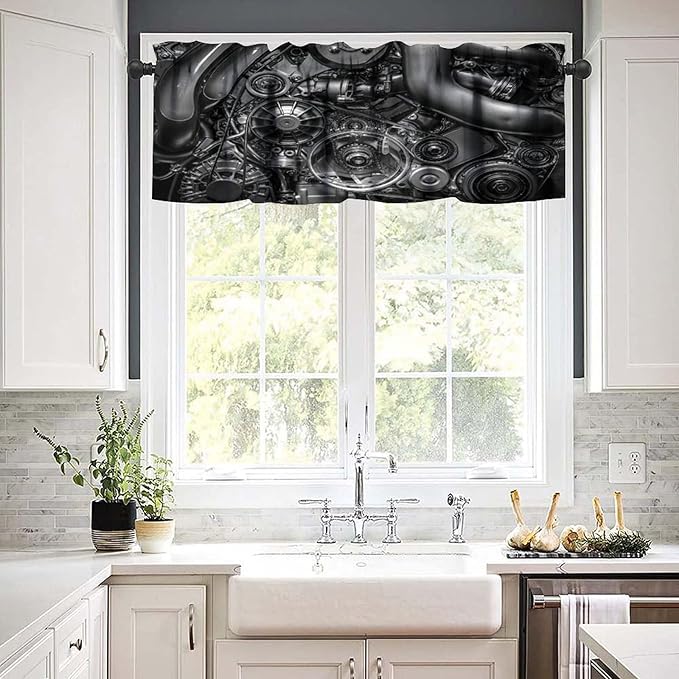 Engine Valance Curtain Car Engine Industrial Man Cave Rod Pocket Valance Window Treatments Short Curtains for Kitchen Farmhouse Living Room Bathroom Bedroom Decor 54x18inch