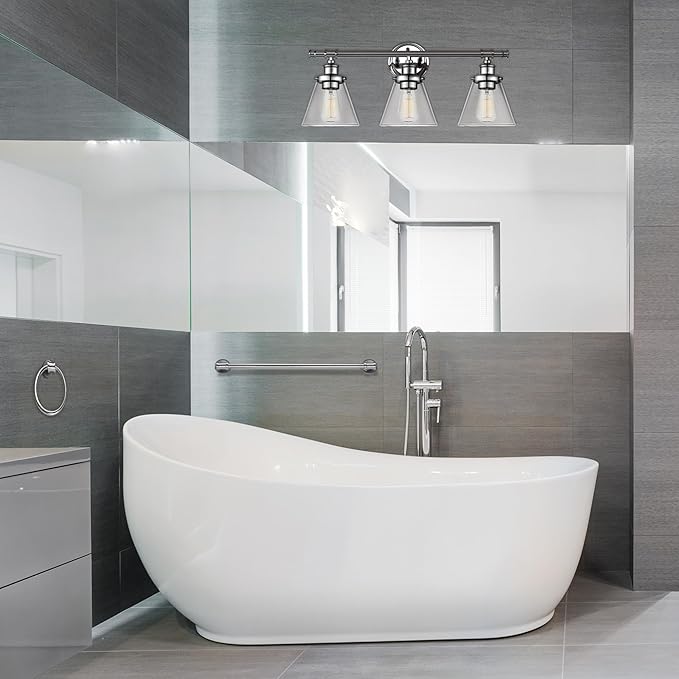 Globe Electric 51234 5-Piece All-in-One Bathroom Set, Chrome, 23" 3-Light Vanity Wall Light with Clear Glass Shades, Towel Bar and Ring, Robe Hook, Toilet Paper Holder, Beauty Room Accessories