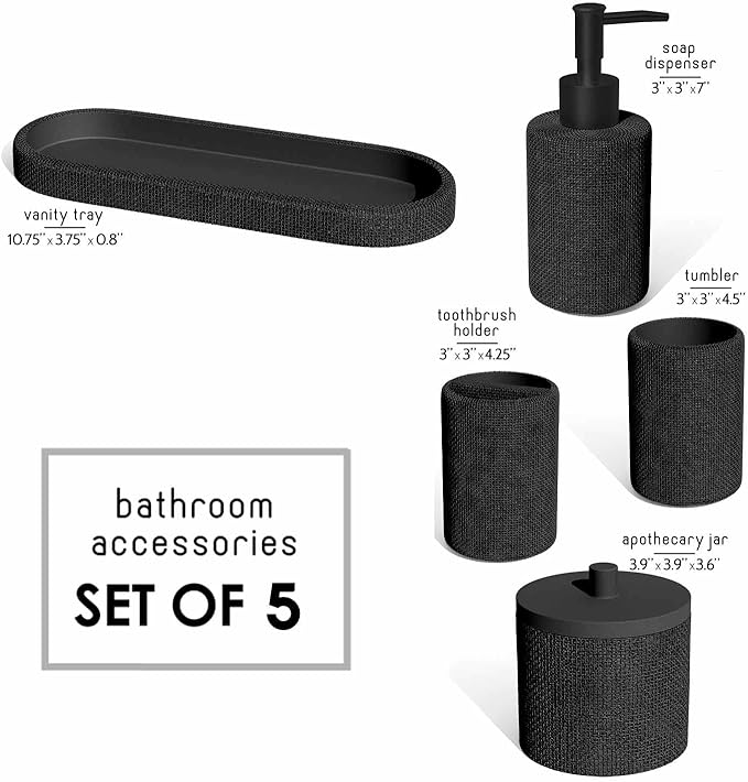 Clara Clark Bathroom Set - Black Bathroom Accessories Set, 5PC Bathroom Accessory Set, Bathroom Sets with Soap Dispenser, Toothbrush Holder, Tumbler, Cotton Swab Jar & Vanity Tray