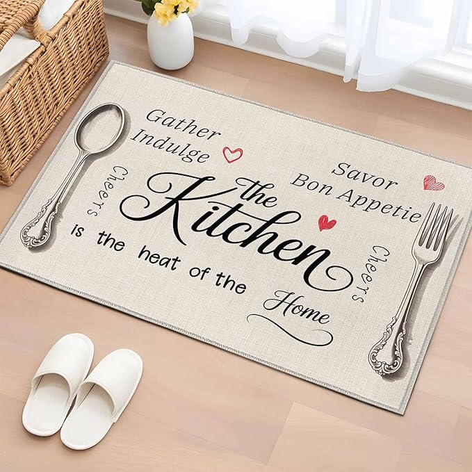 Area Rug 2x3ft, Spoon Fork Vintage Farmhouse Washable Rugs for Living Room Bedroom, Abstract Love Retro Linen Soft Non-Slip Area Rugs Rectangle Floor Carpet for Dining Room