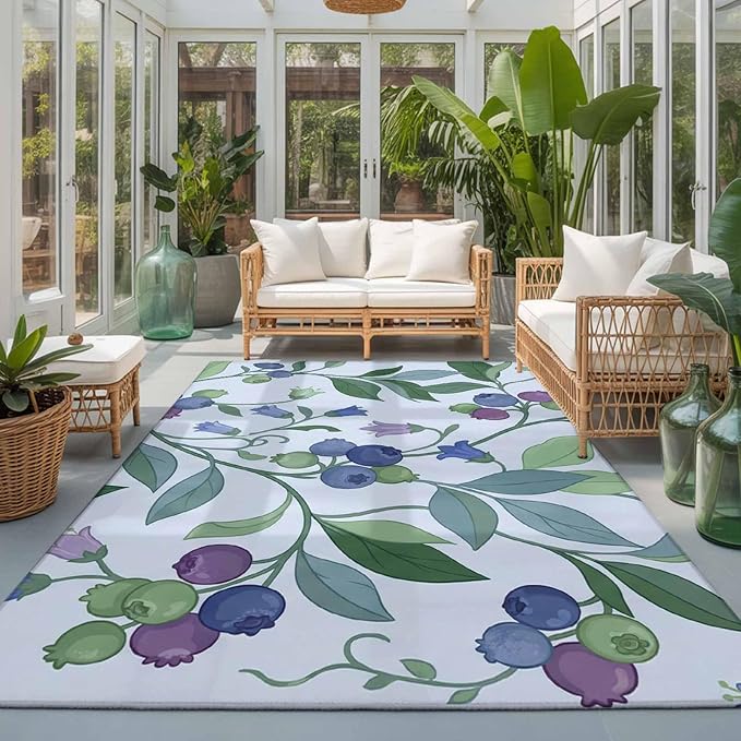 Area Rug 3x5ft, Blueberries Bell Flowers Washable Rugs for Living Room Bedroom, Modern Watercolor Plants Soft Non-Slip Area Rugs Rectangle Floor Carpet for Dining Room