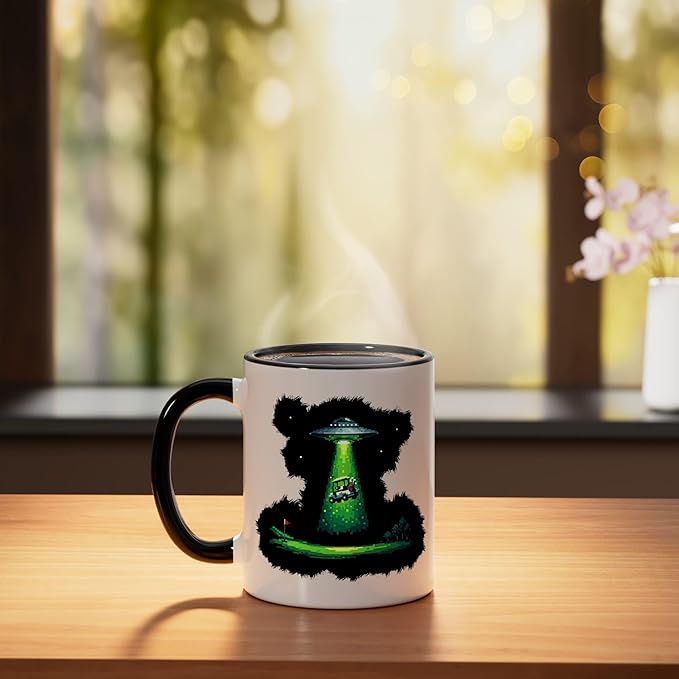 Retro Pixel Art UFO Abducting Golf Cart Funny Alien Golfing Ceramic Mug, Black/White