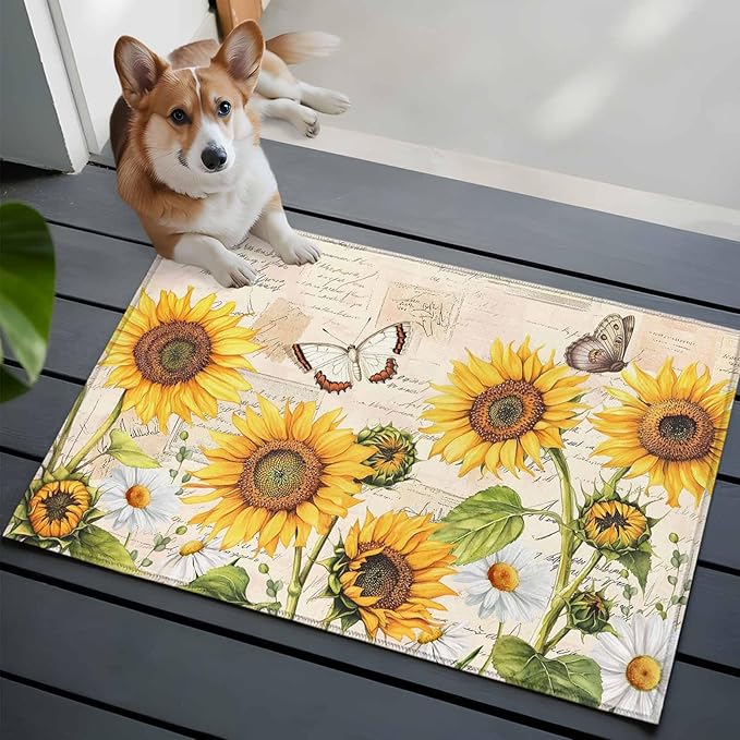 Sunflower Farmhouse 2x3 Door Mat Rug, Retro Floral Butterflies Non-Skid Rubber Backing Large Rectangle Rugs - Living Room Bedroom Home Office, Spring Summer Indoor Floor Mat Carpets Washable Rug