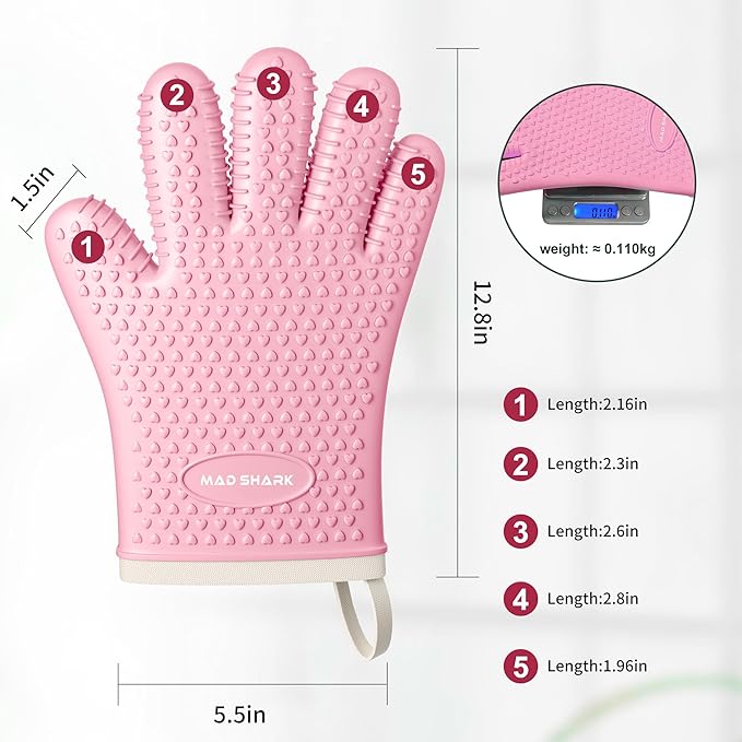MAD SHARK Silicone Oven Mitts Heat Resistant 450°F,Waterproof & Non-Slip Oven Gloves with Fingers,Cotton Lined Silicone Oven Gloves Kitchen Mitts for Baking Cooking Barbecue,Women (Pink)
