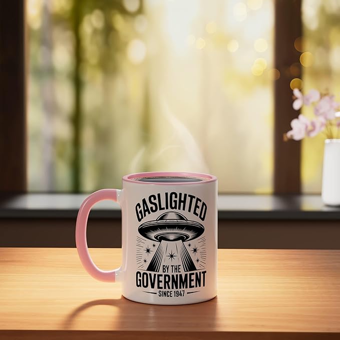 Gaslighted Government Since 1947 UFO Ceramic Mug, Pink/White