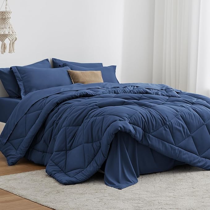 Love's cabin Twin XL Comforter Set Dark Blue, 5 Pieces Twin XL Bed in a Bag, All Season Bedding Sets with 1 Comforter, 1 Flat Sheet, 1 Fitted Sheet, 1 Pillowcase and 1 Pillow Sham | Soft, Breathable, Lightweight, Comfortable