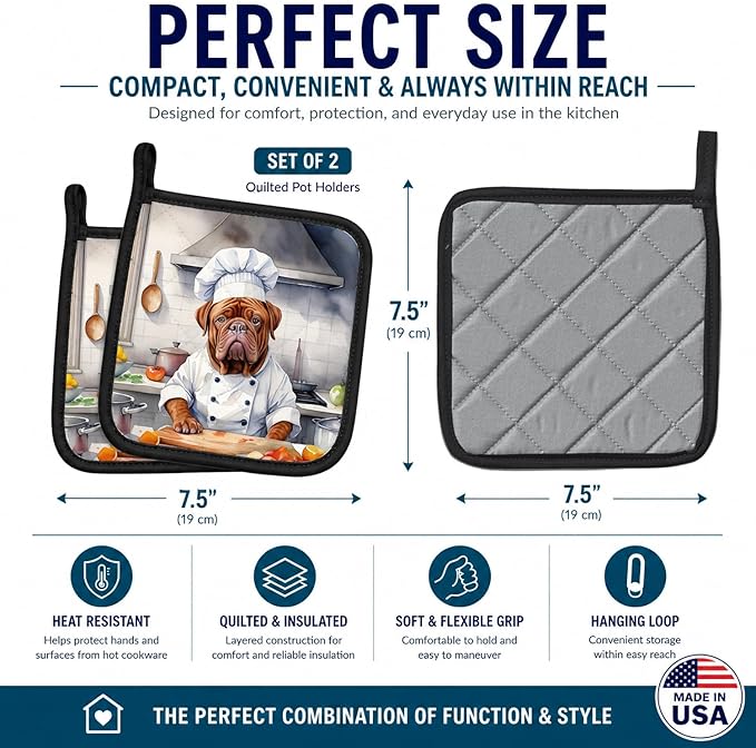 Caroline's Treasures Dogue de Bordeaux The Chef Pair of Pot Holders Kitchen Heat Resistant Pot Holders Sets Oven Hot Pads for Cooking Baking BBQ, 7 1/2 x 7 1/2