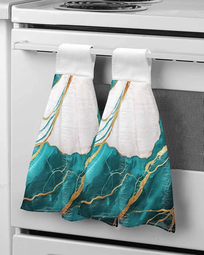 Alandar Home Kitchen Tie Towel Set of 1, White Marble Watercolor Gradient Absorbent Soft Hand Towels for Bathroom Hanging Towels, Gold Crack Abstract Art Fast Drying Cleaning Cloth with Loop