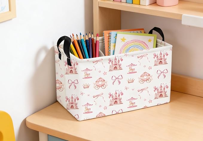 Essme Rectangular Pink Baskets,Girls Storage Box,Cute Basket for Kids with Handles for Room Decor, Book Bins,Shelf Basket.(Castle)