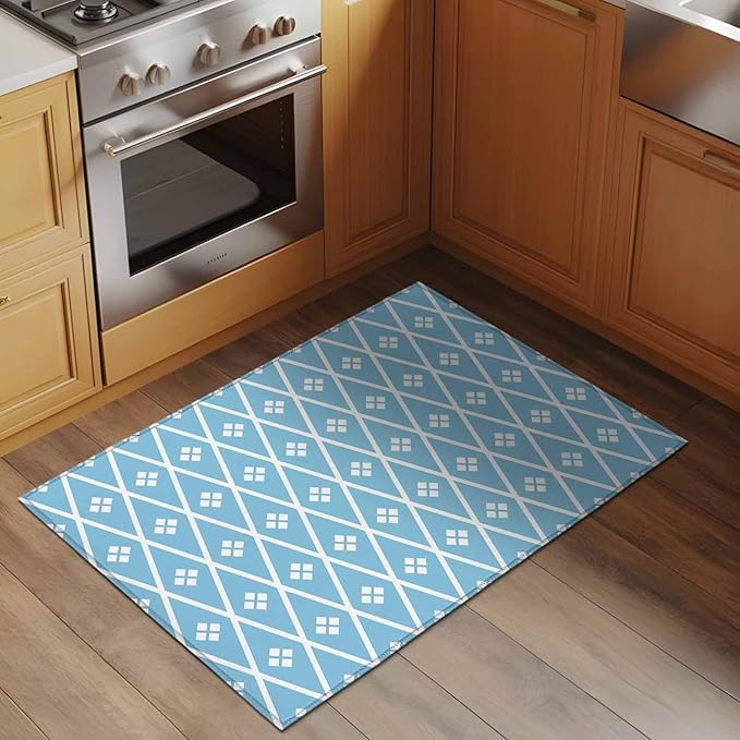 Area Rug 2x3ft, Boho Blue White Plaid Line Washable Rugs for Living Room Bedroom, Abstract Geometric Diamond Soft Non-Slip Area Rugs Rectangle Floor Carpet for Dining Room