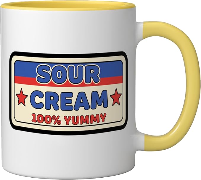 Sour Cream 100% Yummy Retro Food Label Vintage Snack Ceramic Mug, Yellow/White