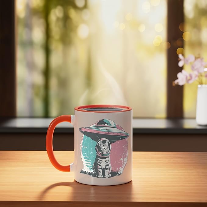 Retro UFO Cat Astronaut Alien Sci Fi Space Funny Pastel Ceramic Mug, Orange/White