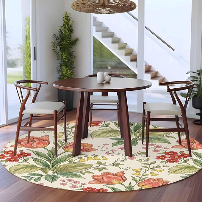 Washable Round Area Rug Vintage Tulips Red Daisies Circle Rugs Floor Carpet for Living Room Bedroom, Yellow Blooms Floral Pattern Soft Non Slip Round Rug 5ft