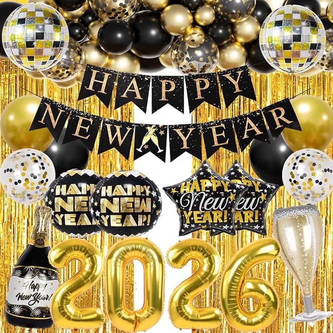 Happy New Year Party Decoration 2026 Foil Balloon Banner and Curtains Disco Balloons Champagne Balloon New Years Eve Black and Gold Party Supplies Decorations