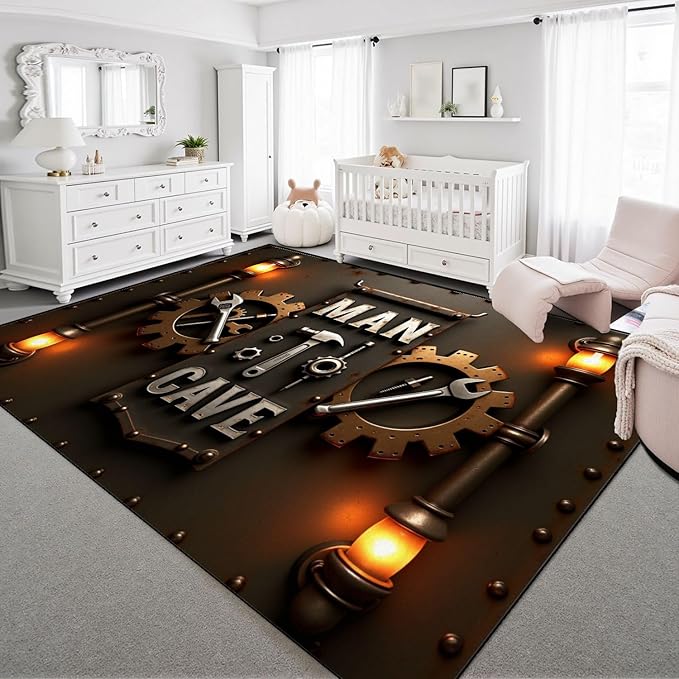 8x10 Area Rugs for Bedroom Boho Washable Man Cave Rug for Living Room Industrial Steampunk Man Cave Sign Tools Gears Soft Rubber Backed Non-Slip Large Carpets for Boys