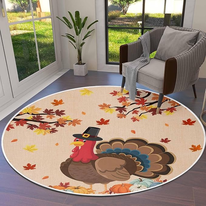 Round Area Rug,Turkey Orange Fallen Leaves Thanksgiving Pumpkin Circle Living Room Rug Non-Slip Rugs Indoor Carpet,Vintage Linen Soft Comfort Rugs for Bedroom KidsRoom Nursery