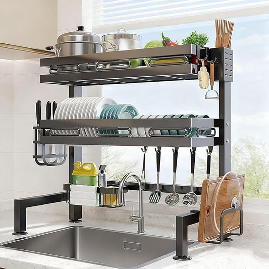 Vertical Over Sink Dish Drying Rack - Space-Saving Black Carbon Steel Drainer, Practical Kitchen Organizer & Above Sink Storage Solution (37.4in)
