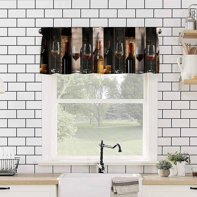 Red Wine Kitchen Valance, Wine Bottle Glass Collage Cheese Winery Short Window Drapes for Dining Room Resturant Pub Bars Decor, 54x18Inch
