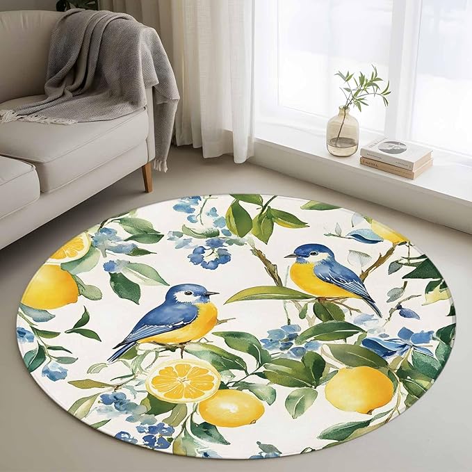 Washable Round Area Rug Pastoral Vintage Lemon Blue Bird Circle Rugs Floor Carpet for Living Room Bedroom, Retro Yellow Fruit Flowers Soft Non Slip Round Rug 3ft