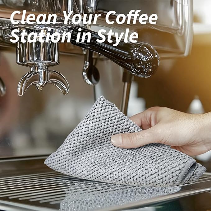 Barista Towel, Microfiber Cleaning Cloths, Espresso Machine Accessories for Coffee Bar, Steam Wand, Countertop, Milk Frother, Coffee Bar Accessories, 12”x12”, 6 Pack, Grey