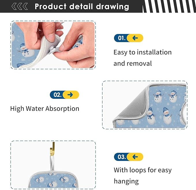 Kcldeci Snowman and Snowflakes 2PCS Kitchen Faucet Mat Bathroom Faucet Mat Sink Microfiber Cloth Faucet Splash Catcher Faucet Mat Dish Drying Mat Sink mat for Kitchen Sink 23x5in