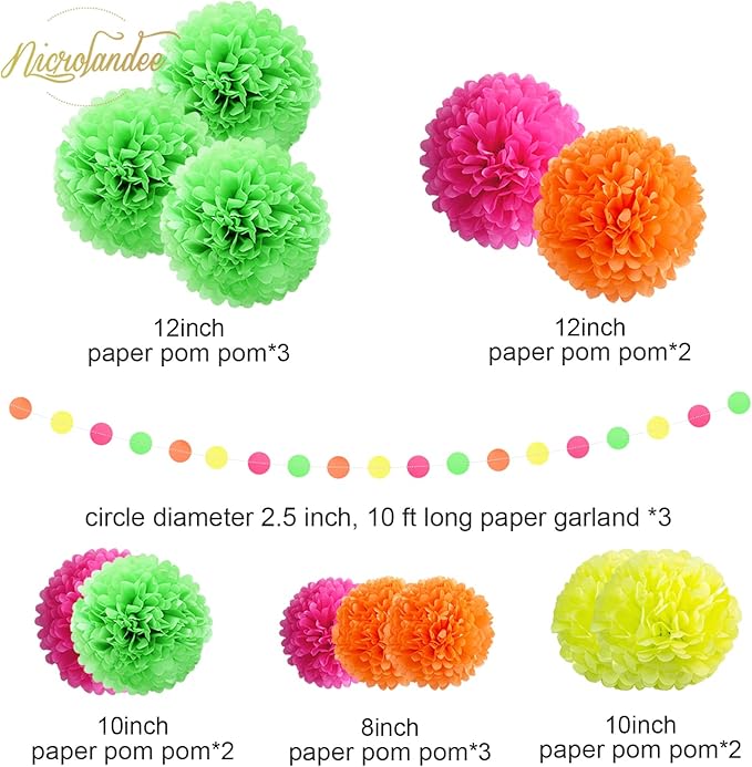 NICROLANDEE Blacklight Party Decorations - 15 PCS Fluorescent Neon Tissue Paper Pom Poms & Paper Garlands for Birthday, Wedding, Baby Shower, Glow-in-The-Dark Party, Neon Prom Dance Party Photography