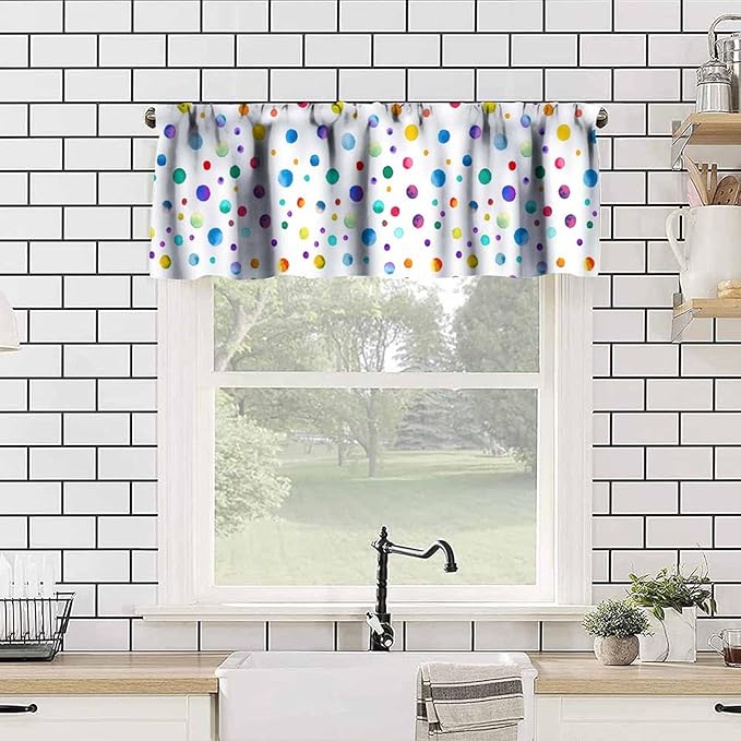 Colorful Polka Dot Valance, Kids Watercolor Circle Color Splash Painting Short Window Drapes for Kitchen Dining Room Bedroom Living Room Nursery, 54x18Inch