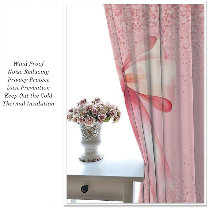 Pink Bow Blackout Curtain,Fashion Girly Bowknot Glitter Sparkle Print Window Curtains for Dining Room Living Room Kitchen Cafe Bedroom Office Nursery Drapes,72x63 in