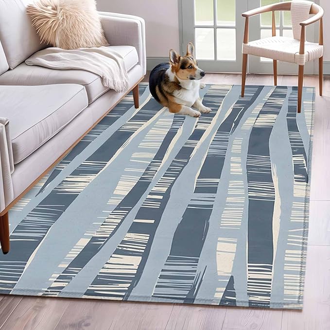 Area Rug 4x6ft, Navy Blue Ocean Waves Coastal Horizon Washable Rugs for Living Room Bedroom, Abstract Art Soft Non-Slip Area Rugs Rectangle Floor Carpet for Dining Room