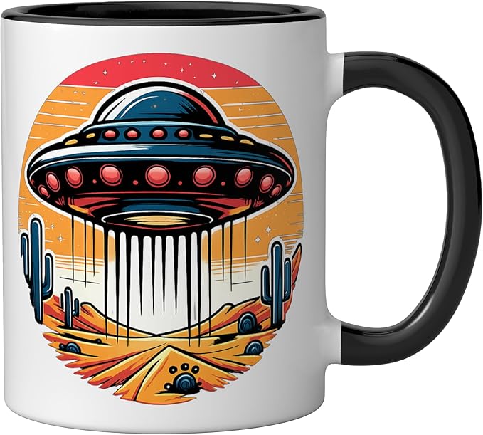 Retro UFO Desert Abduction Scene | Vintage Sci-Fi Ceramic Mug, Black/White