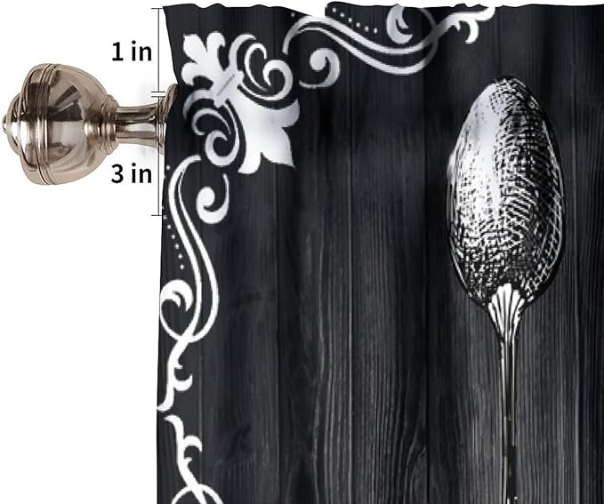 Retro Farmhouse Kitchen Valance, Black White Vintage Country Fork Spoon Heart Wooden Farm Short Curtain for Dining Room Bedroom Living Room Resturant Cafe Home Decor, 54x18Inch