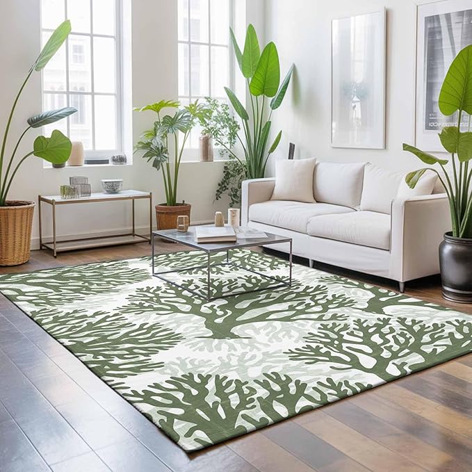 Area Rug 9x12ft, Deep Forest Green Corals Washable Rugs for Living Room Bedroom Rectangle Floor Carpet, Retro Marine Life Soft Non-Slip Area Rugs for Dining Room