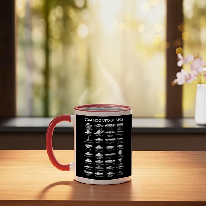 Common UFO Shapes Vintage Chart Alien Flying Saucer Ceramic Mug, Red/White