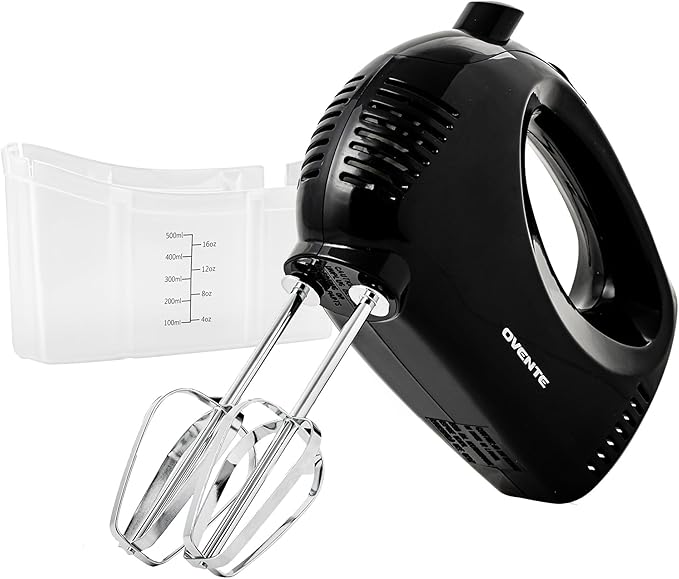 OVENTE 5-Speed Corded Electric Hand Mixer with Stainless Steel Whisks, Compact Portable Design with Snap-On Storage Case,150W Lightweight Handheld Mixer for Baking & Cooking, Black HM151B