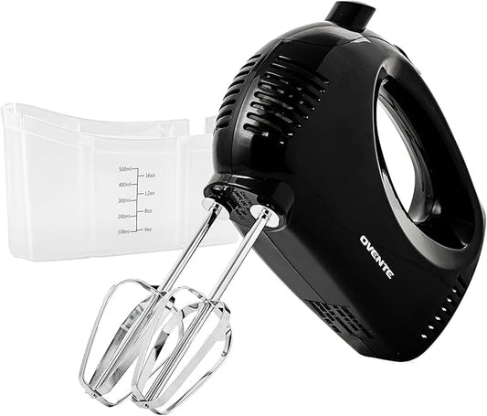 OVENTE 5-Speed Corded Electric Hand Mixer with Stainless Steel Whisks, Compact Portable Design with Snap-On Storage Case,150W Lightweight Handheld Mixer for Baking & Cooking, Black HM151B