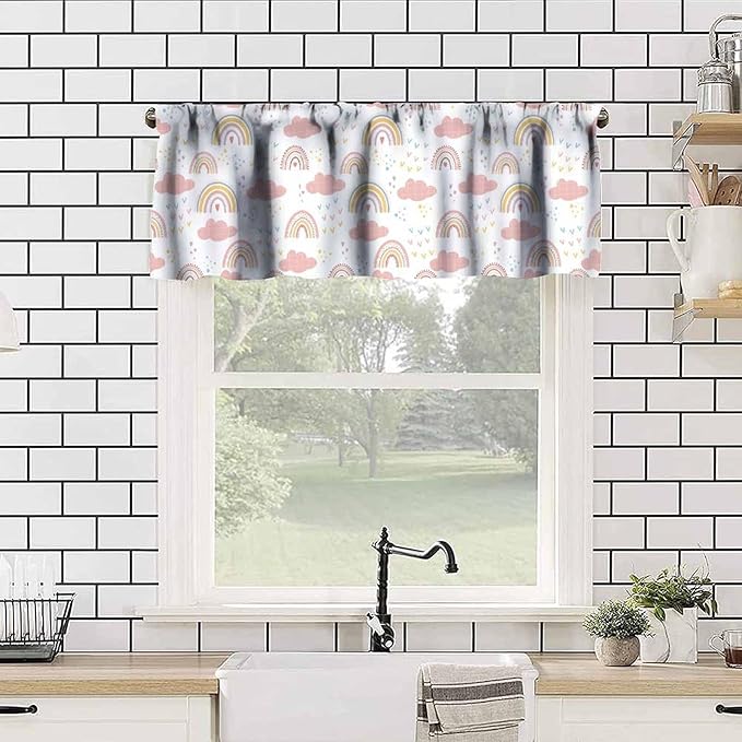 Rainbow Cloud Valance for Kids Girls Boys, Sweet Pink Boho Rainbow Arch Short Rod Pocket Window Treatment for Kitchen Bedroom Living Room Nursery Party, 54x18Inch