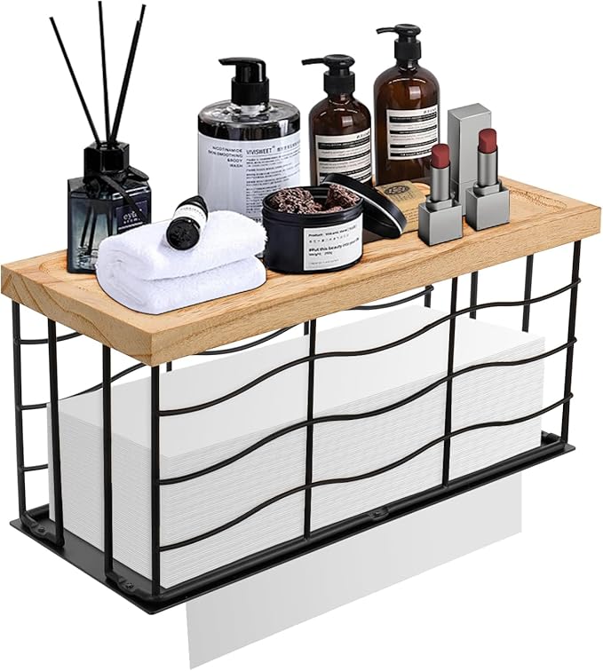 Paper Towel Dispenser, Metal Paper Towel Holder with Wood Lid, Commercial Napkin Dispenser, Tri-Fold Paper Towel Stand for Home Bathroom Kitchen, Wall Mounted & Countertop (Matte Black)
