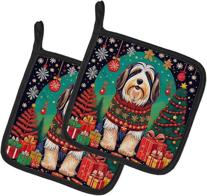 Caroline's Treasures Bearded Collie Christmas Pair of Pot Holders Kitchen Heat Resistant Pot Holders Sets Oven Hot Pads for Cooking Baking BBQ, 7 1/2 x 7 1/2