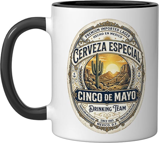 Cinco De Mayo Drinking Team Cerveza Beer Label Ceramic Mug, Black/White