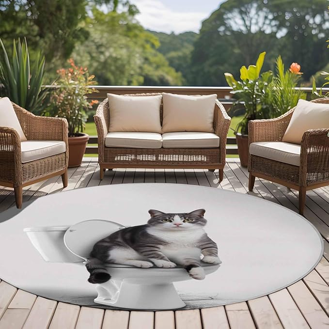 Washable Round Area Rug Cute Funny Cat on The Toilet Circle Rugs Floor Carpet for Living Room Bedroom, Animal Grey Art Soft Non Slip Round Rug 5ft
