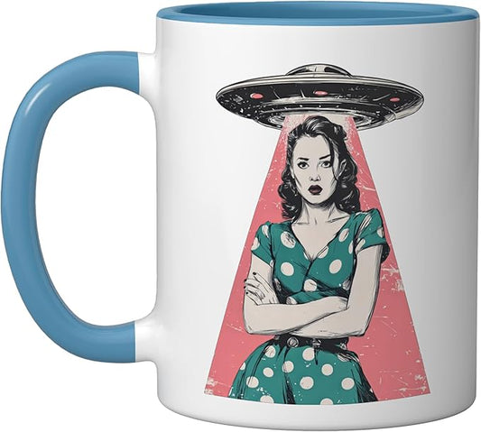 Retro 1950s UFO Abduction Woman Sci Fi Alien Ceramic Mug, Blue/White