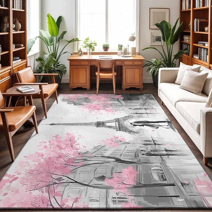 Area Rug 4x6ft, Vintage Towel Couple Pink Flower Washable Rugs for Living Room Bedroom, Watercolor Modern City Scene Soft Non-Slip Area Rugs Rectangle Floor Carpet for Dining Room