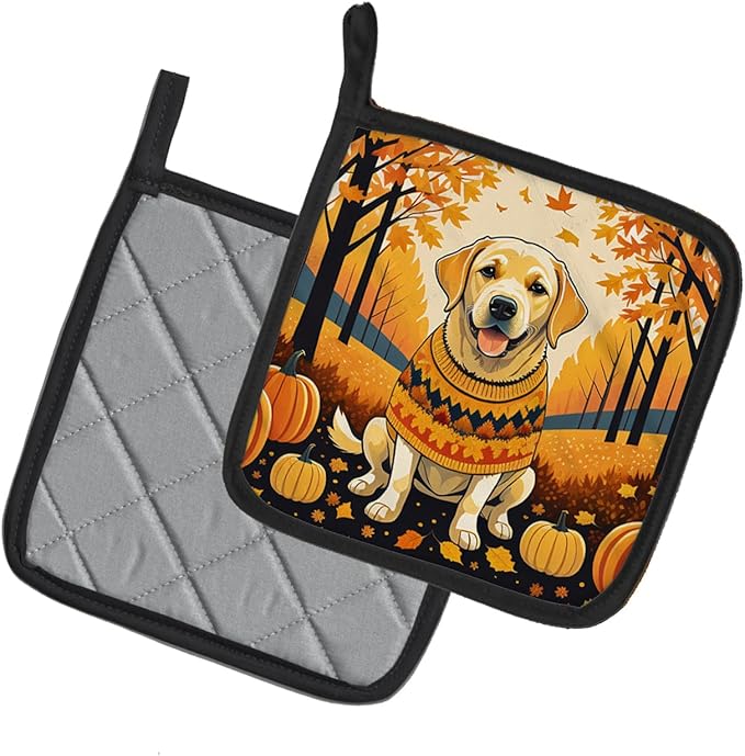 Caroline's Treasures DAC1056PTHD Yellow Labrador Retriever Fall Pair of Pot Holders Kitchen Heat Resistant Pot Holders Sets Oven Hot Pads for Cooking Baking BBQ, 7 1/2 x 7 1/2