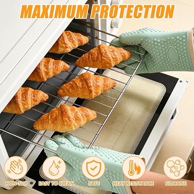 2Pack Heat Resistant Oven Mitts for Grilling and Baking, Non-Slip Silicone Gloves, Waterproof Kitchen Mitts with Flexible Fit & Easy to Clean Design, Gray